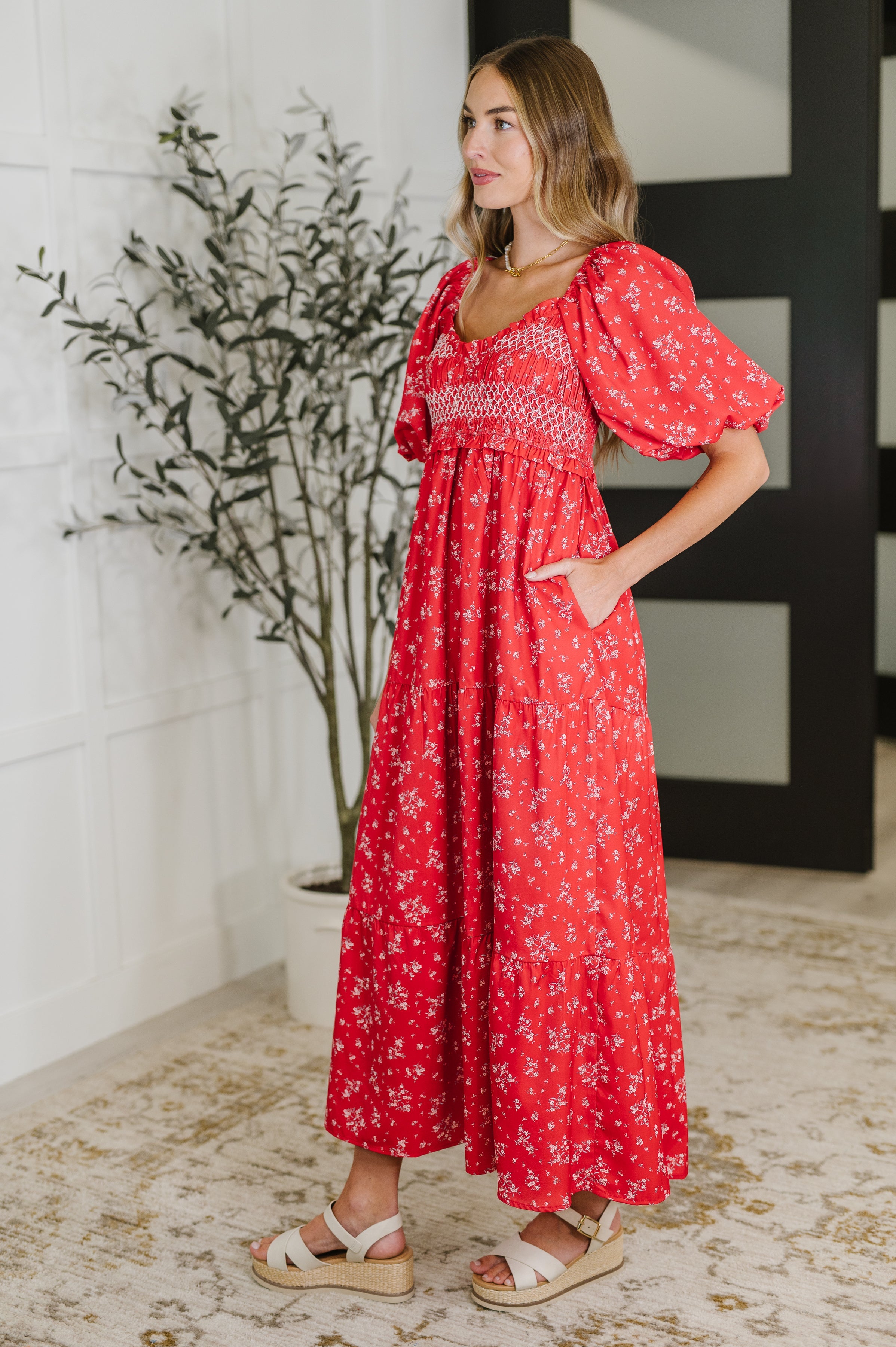 Polagram Petals & Promises V-Neck Dress in Red Multi Womens