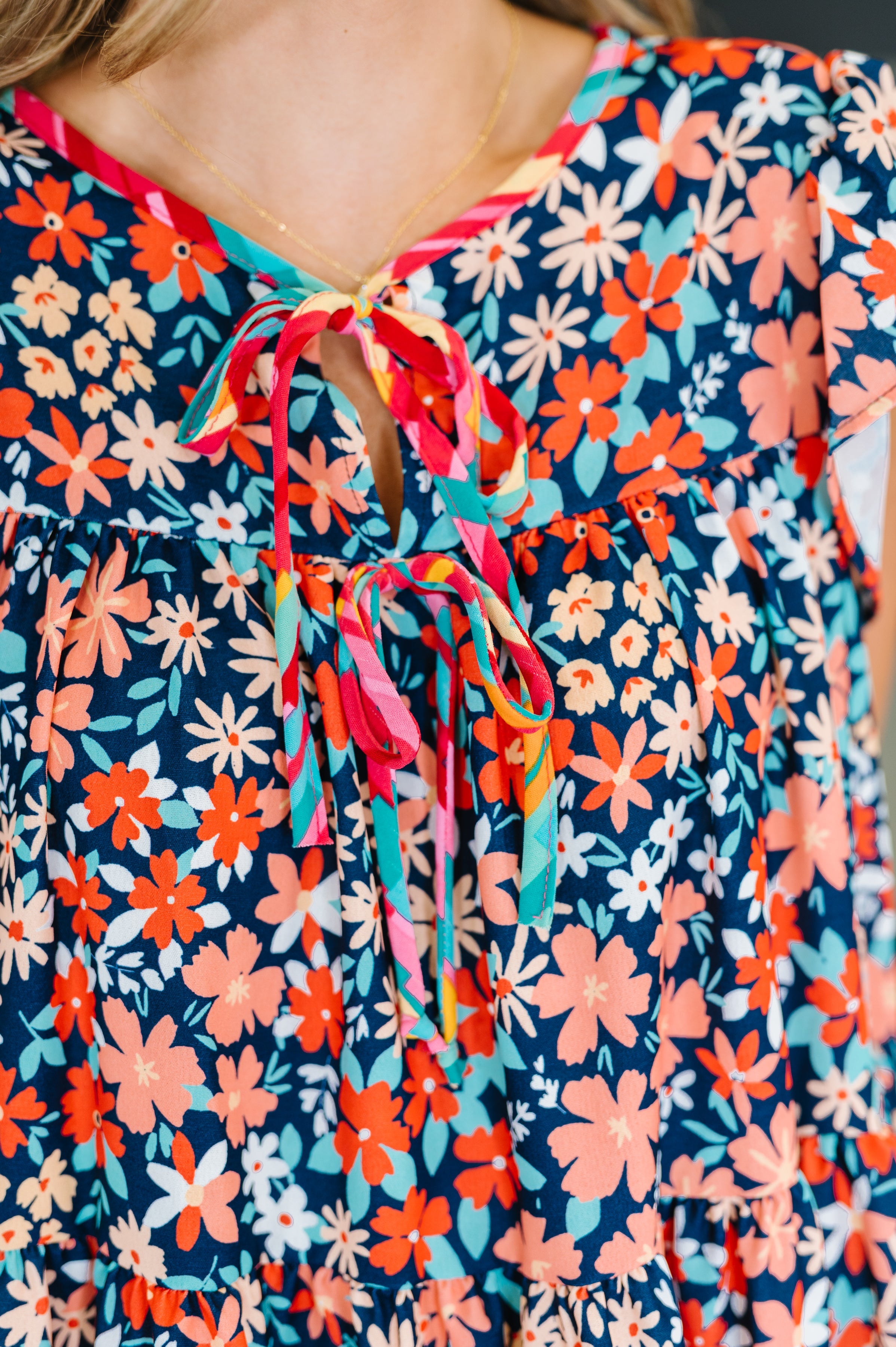 Haptics Petal Flutter Sleeve Dress in Navy/Coral Womens