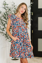 Petal to the Metal Flutter Sleeve Dress in Navy/Coral Womens