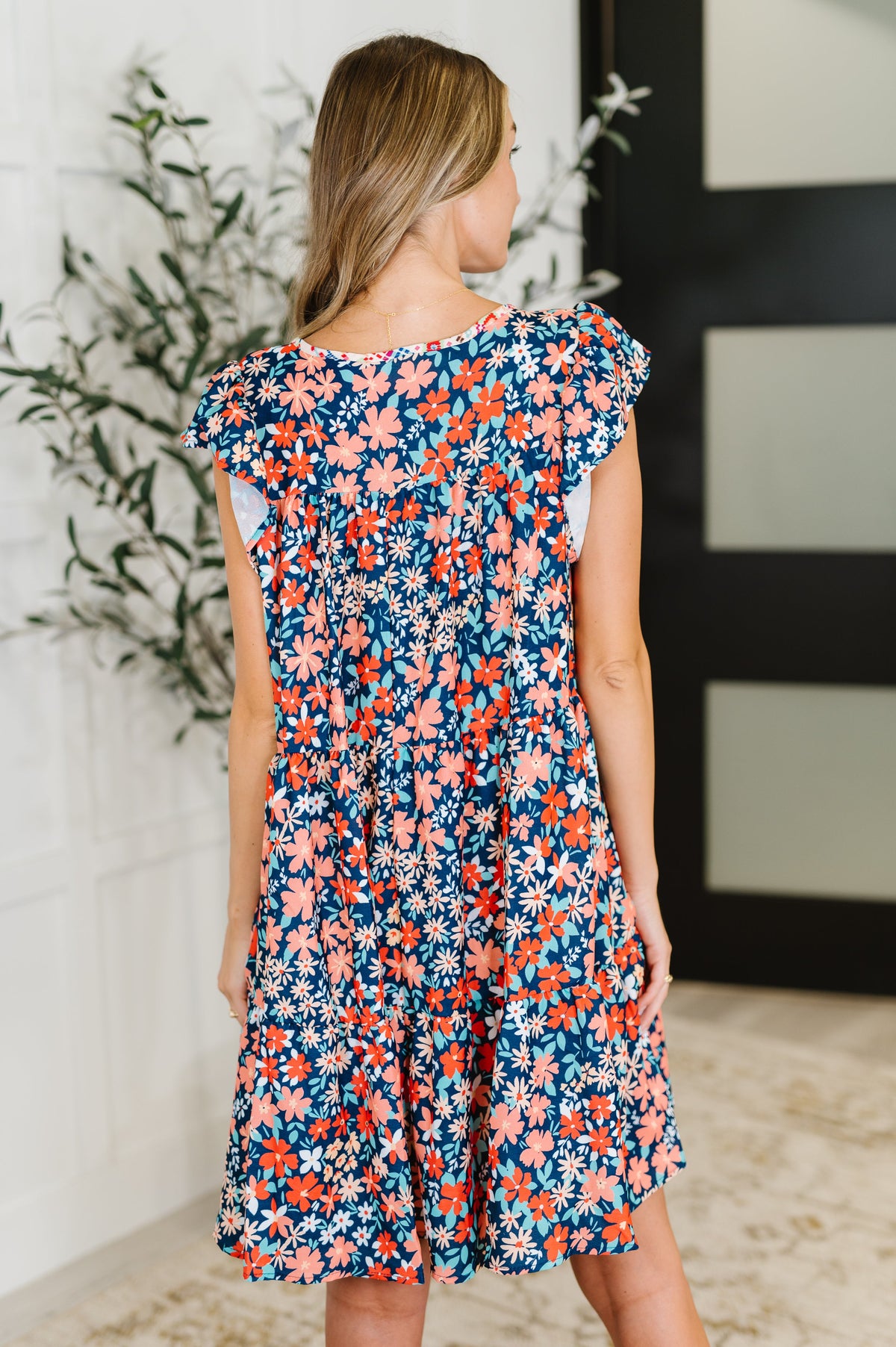 Petal to the Metal Flutter Sleeve Dress in Navy/Coral Womens