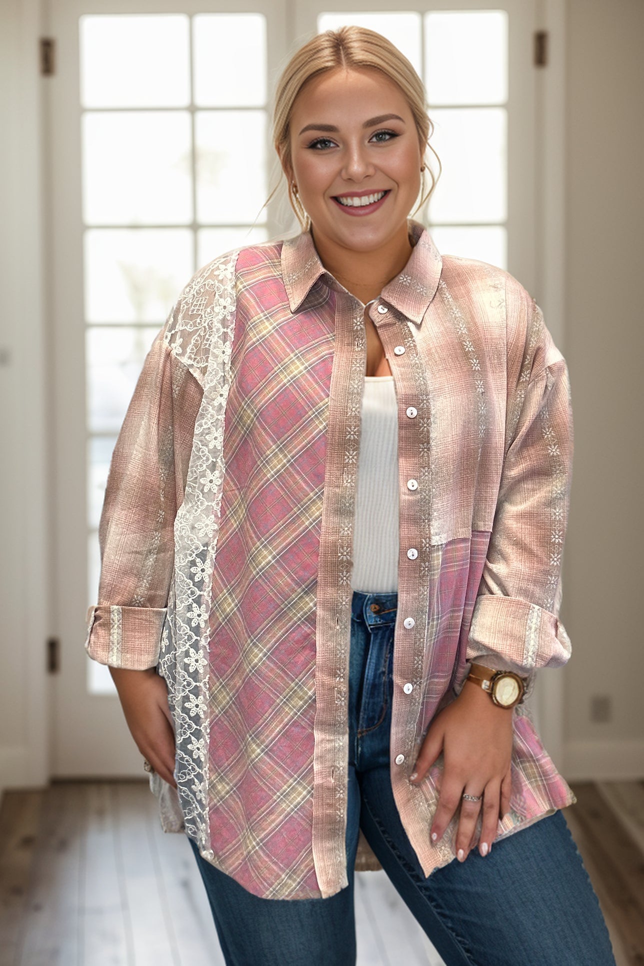 Andree by UnuPink Skies Plaid Button Down With Lace