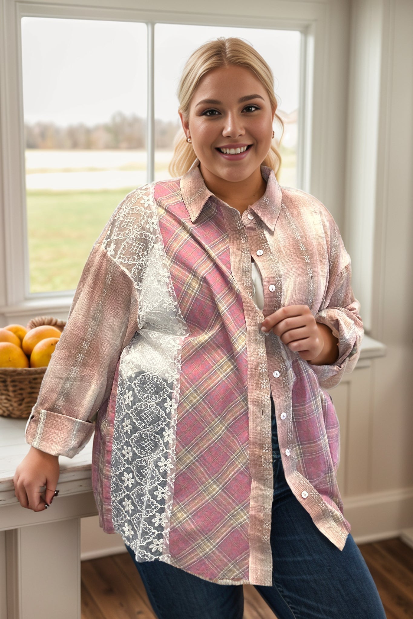 Andree by UnuPink Skies Plaid Button Down With Lace