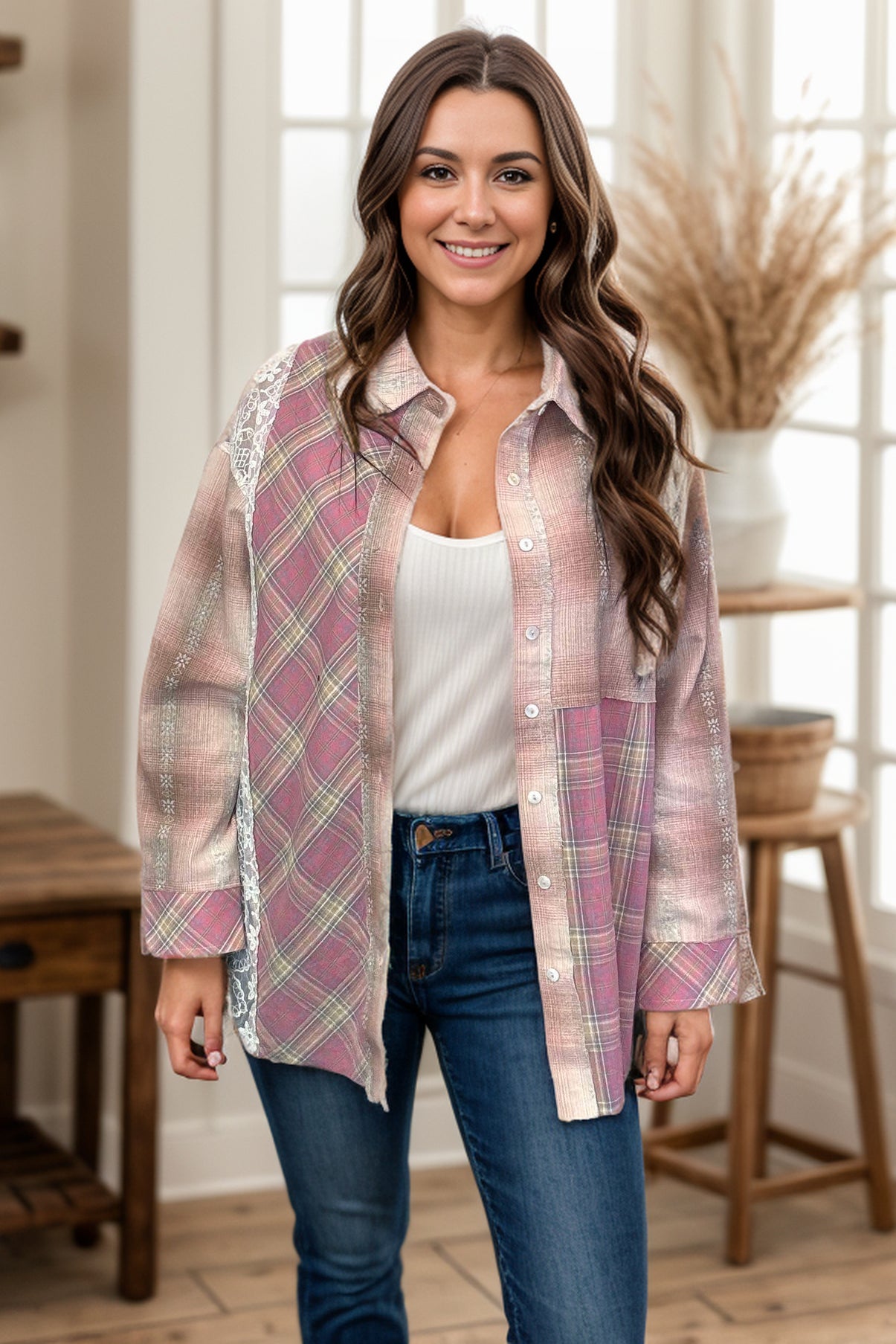 Andree by UnuPink Skies Plaid Button Down With Lace