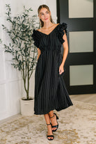 Jodifl Pinstripe Romance V-Neck Ruffle Sleeve Dress in Black 3XL Womens