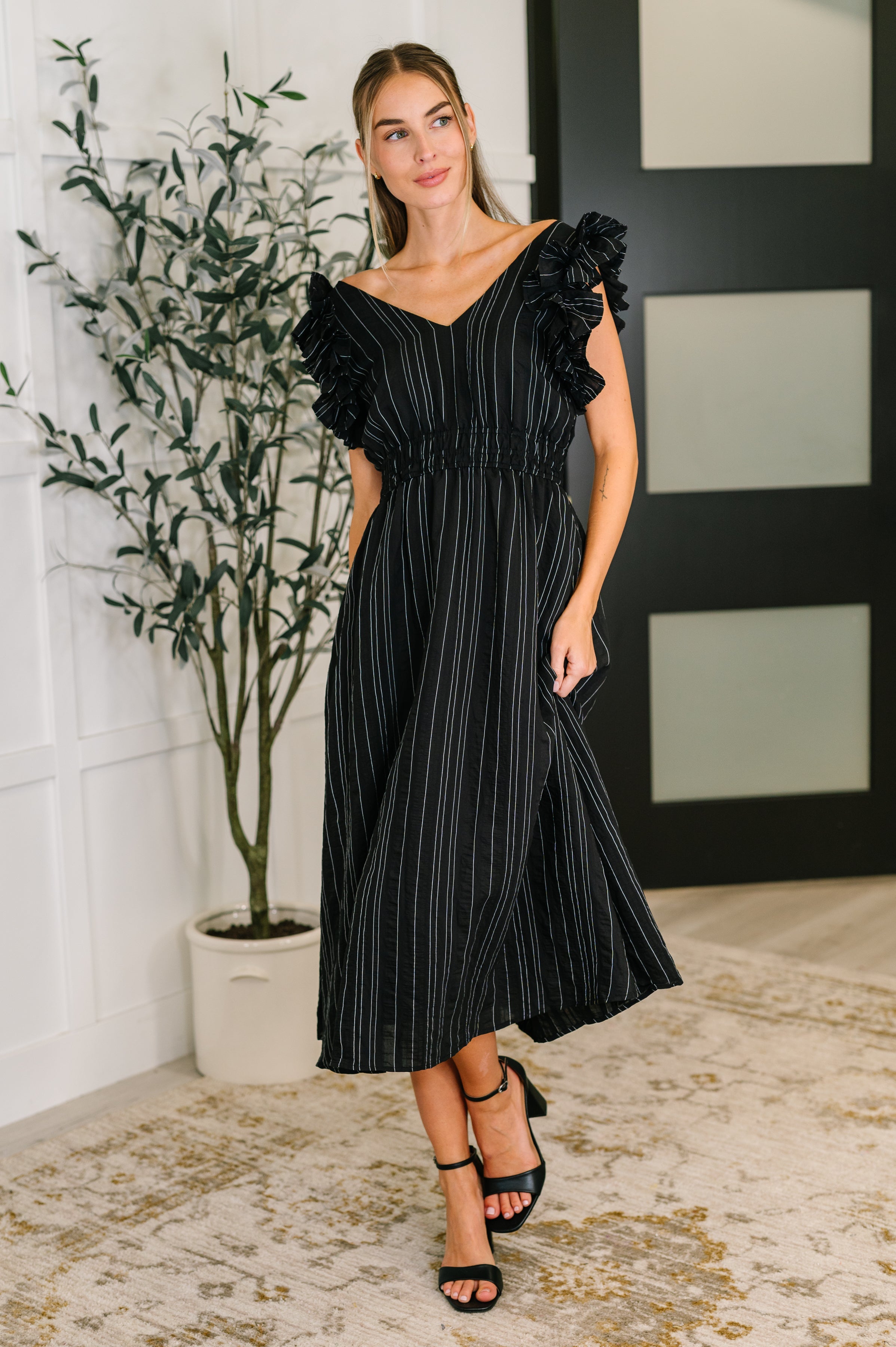 Jodifl Pinstripe Romance V-Neck Ruffle Sleeve Dress in Black 3XL Womens