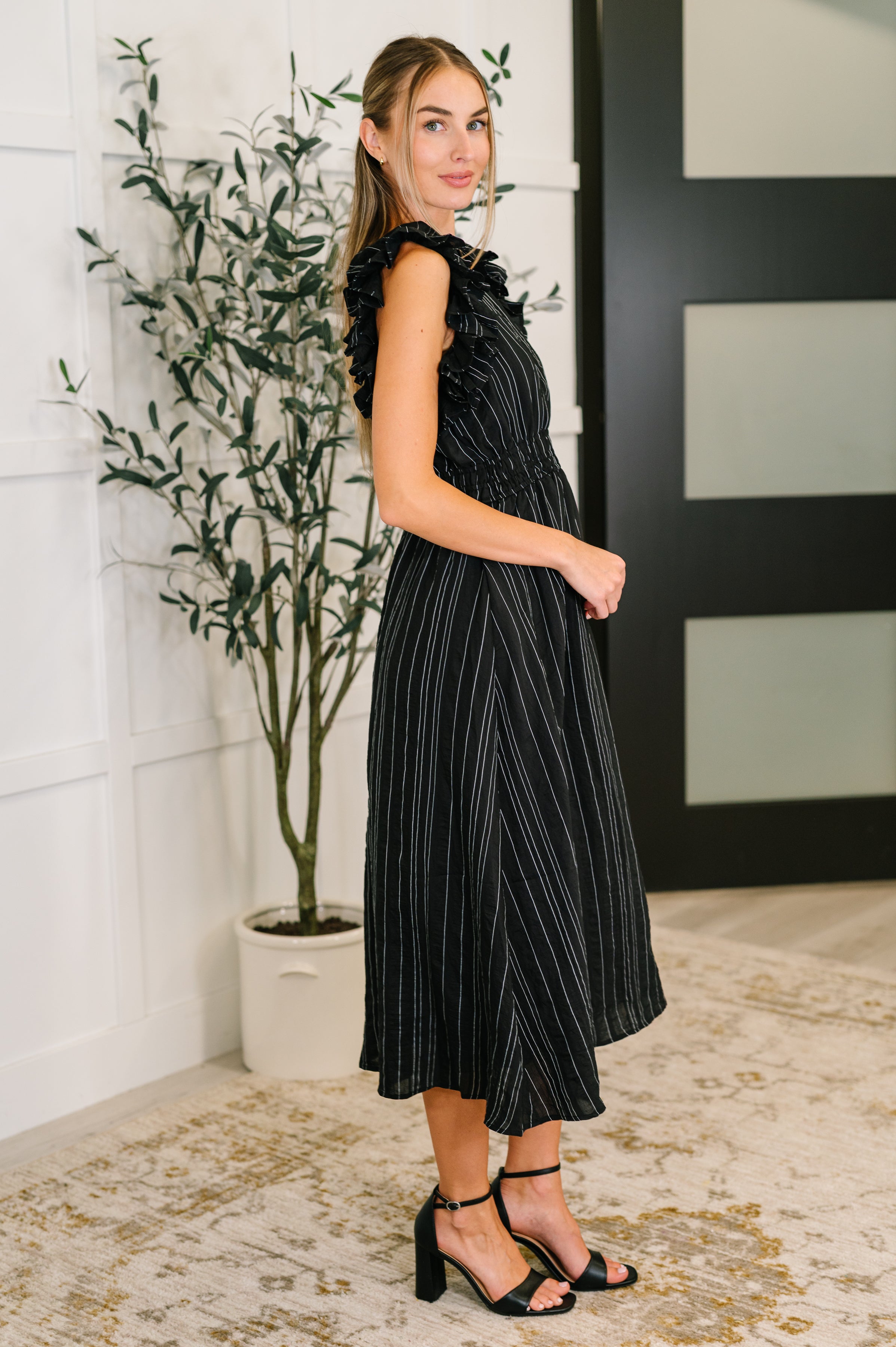 Jodifl Pinstripe Romance V-Neck Ruffle Sleeve Dress in Black Womens