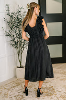 Jodifl Pinstripe Romance V-Neck Ruffle Sleeve Dress in Black Womens