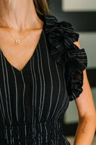 Jodifl Pinstripe Romance V-Neck Ruffle Sleeve Dress in Black Womens