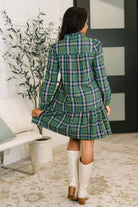 One Eleven North Plaid Perspective Split Neck Long Sleeve Dress Womens