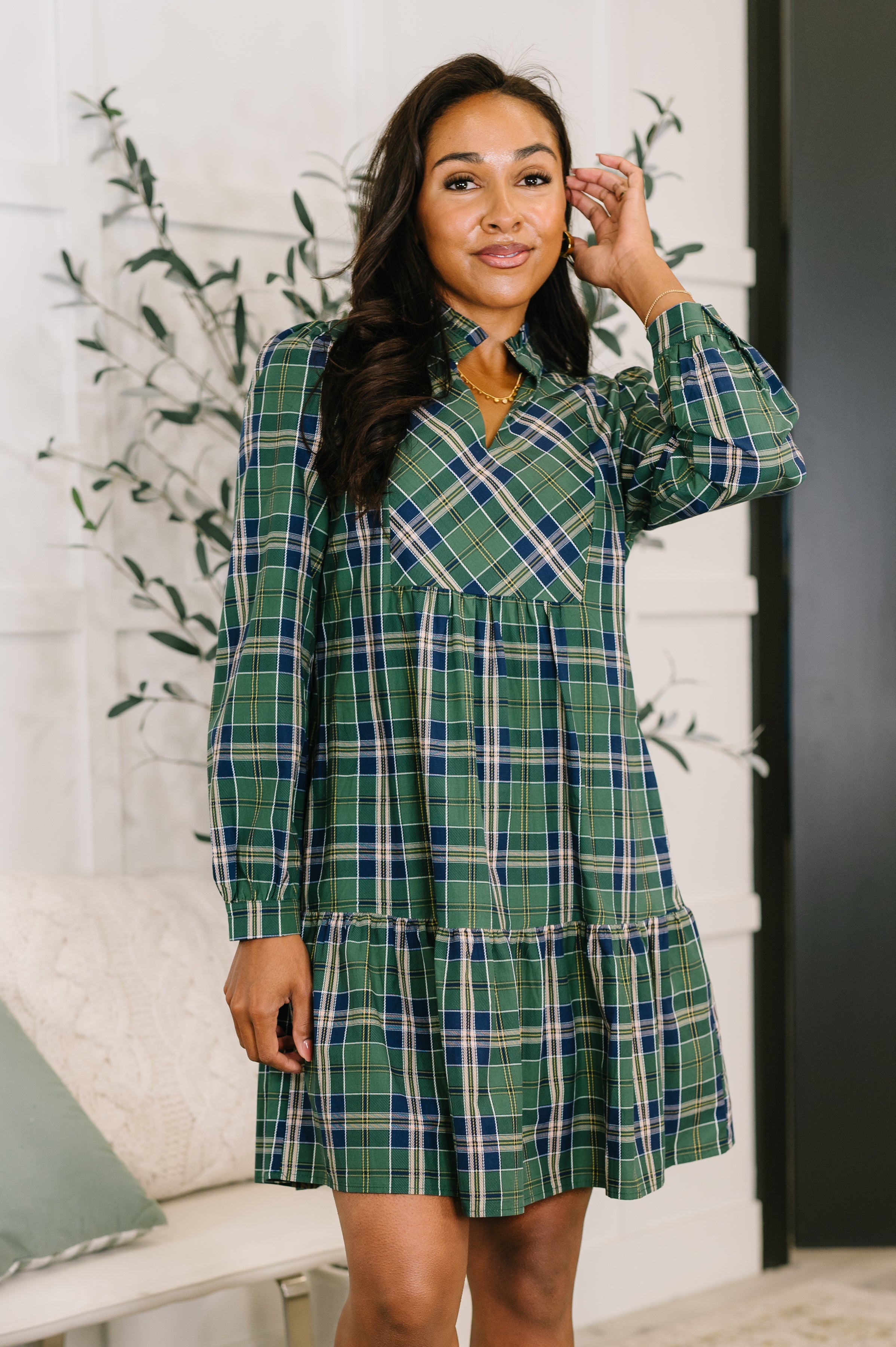 One Eleven North Plaid Perspective Split Neck Long Sleeve Dress Large Womens