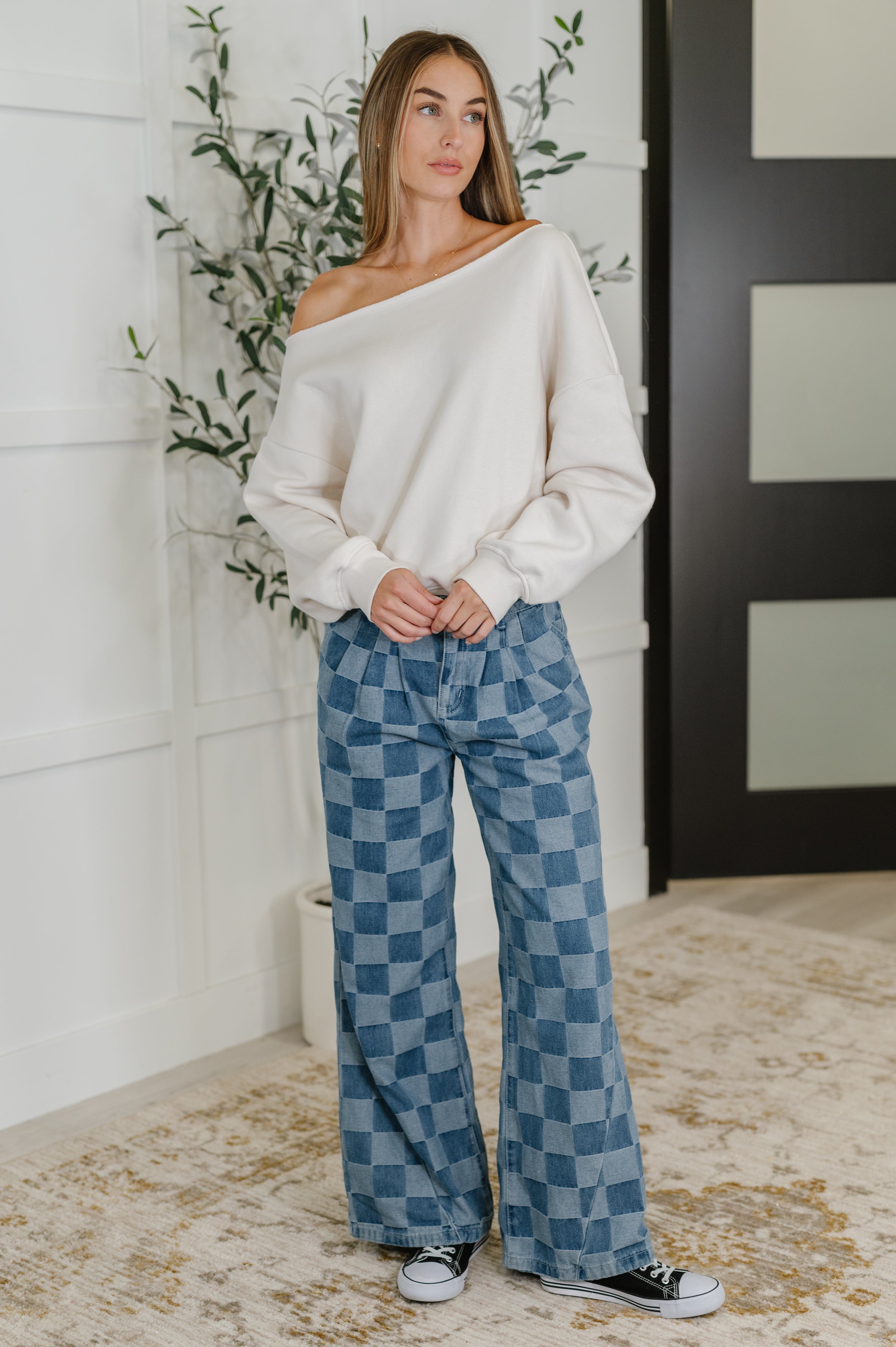 PREORDER: Please Detail Wide Leg Checkered Bottoms Womens