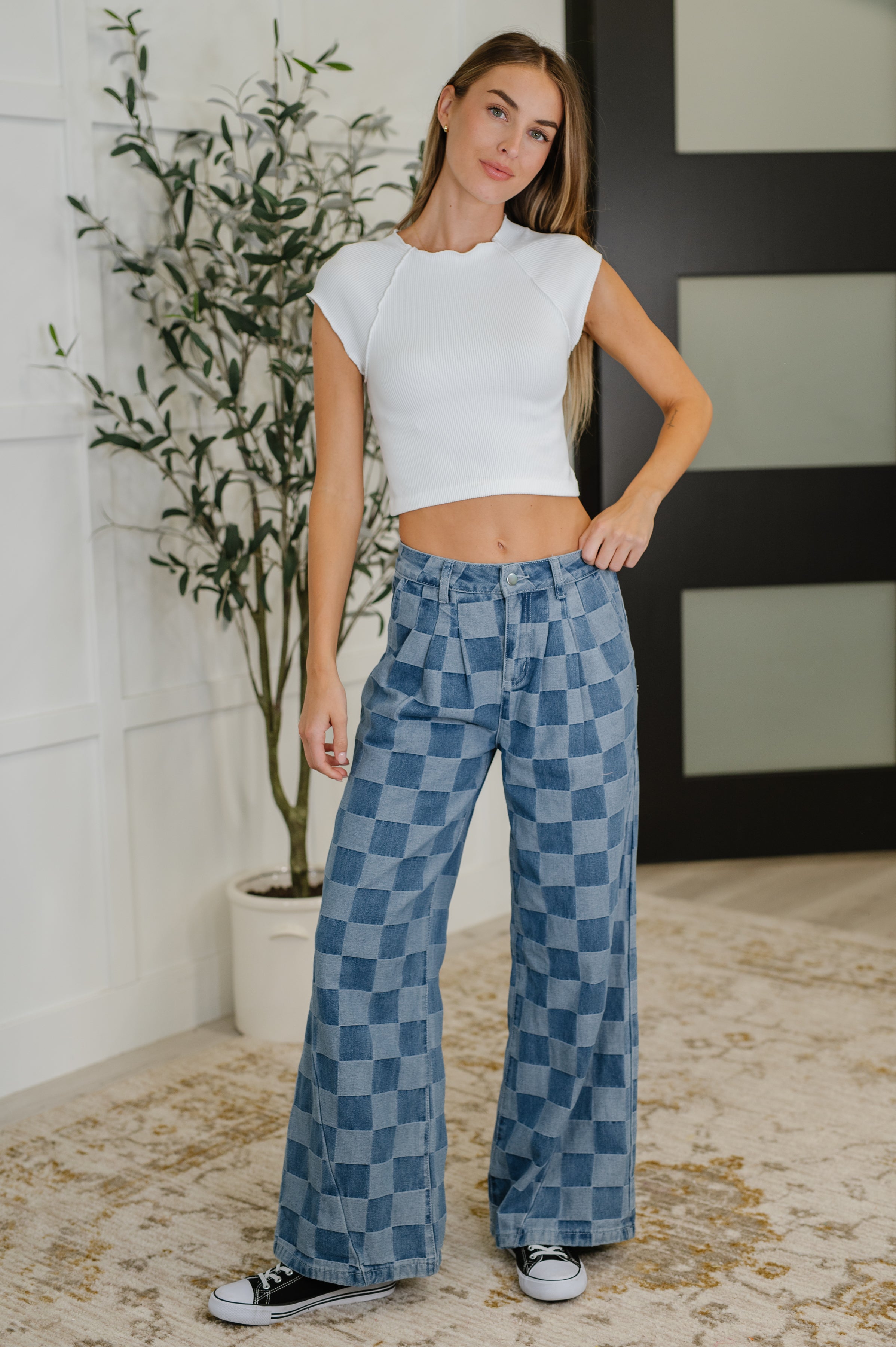 PREORDER: Please Detail Wide Leg Checkered Bottoms Womens