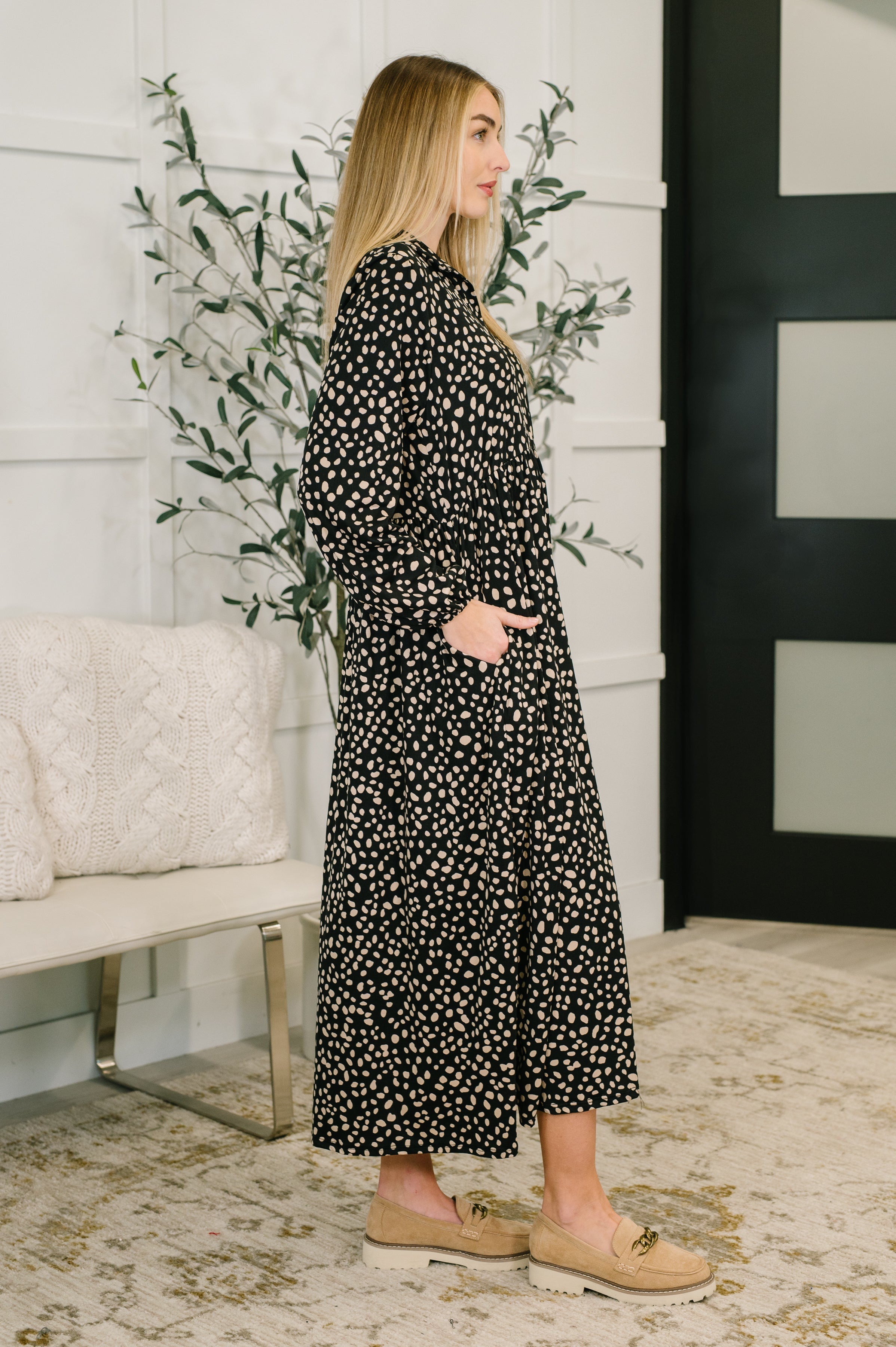 Haptics Promotional Proposal Jersey Knit Collared Dress in Black and Khaki Womens