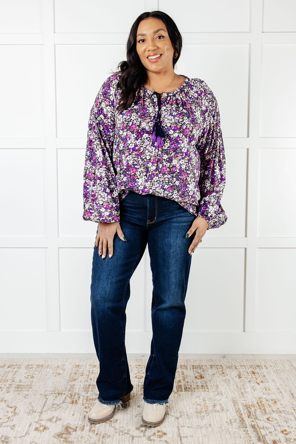 One Eleven North Pulled Together Purple Ditsy Floral Bubble Sleeve Blouse Blouses