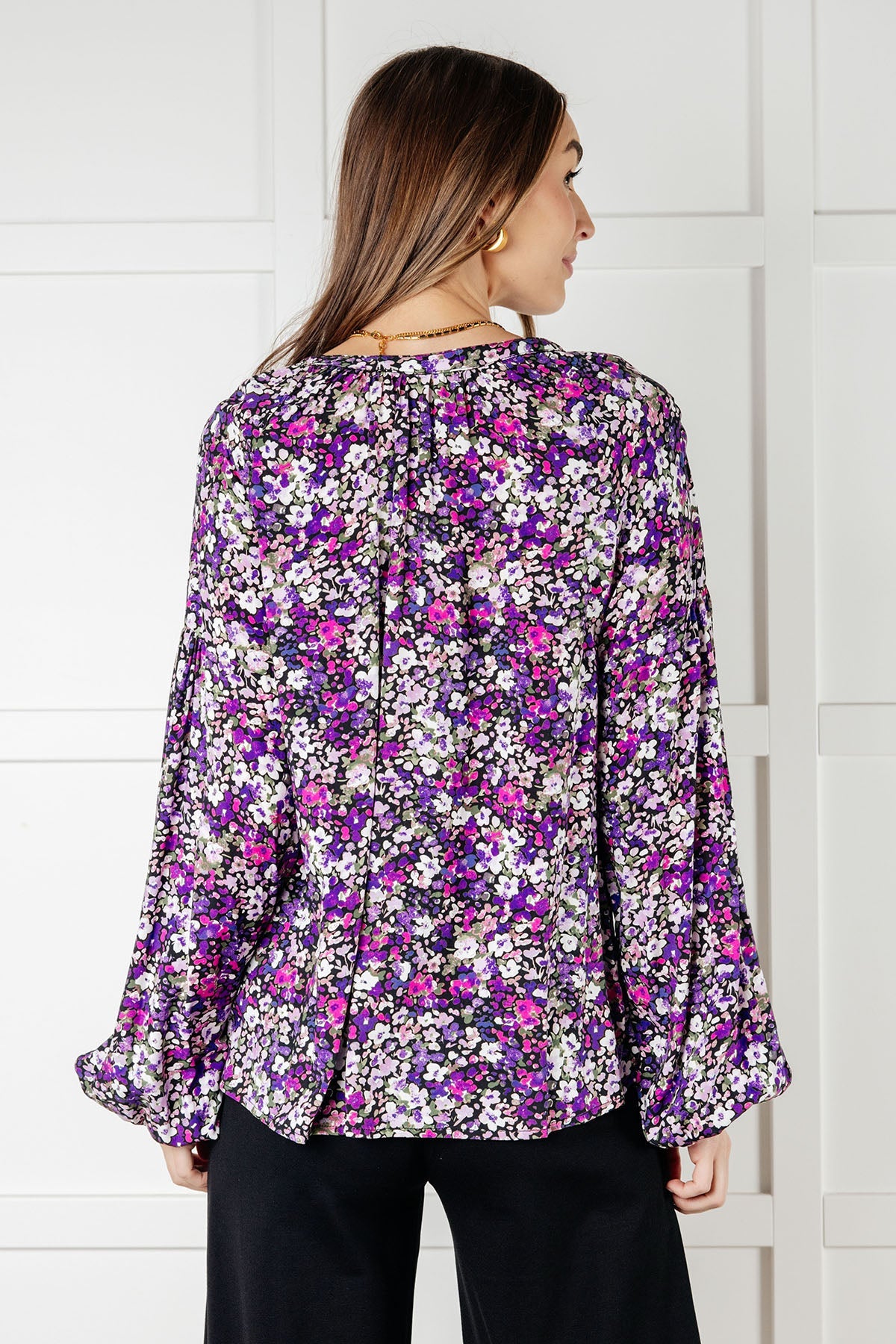 One Eleven North Pulled Together Purple Ditsy Floral Bubble Sleeve Blouse Blouses