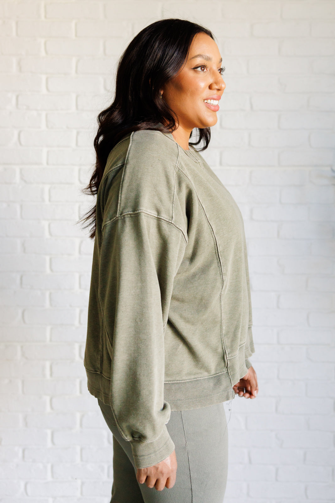 Rae Mode Quick Fix Mineral Wash Crew Neck Pullover in Army Green Ave Shops