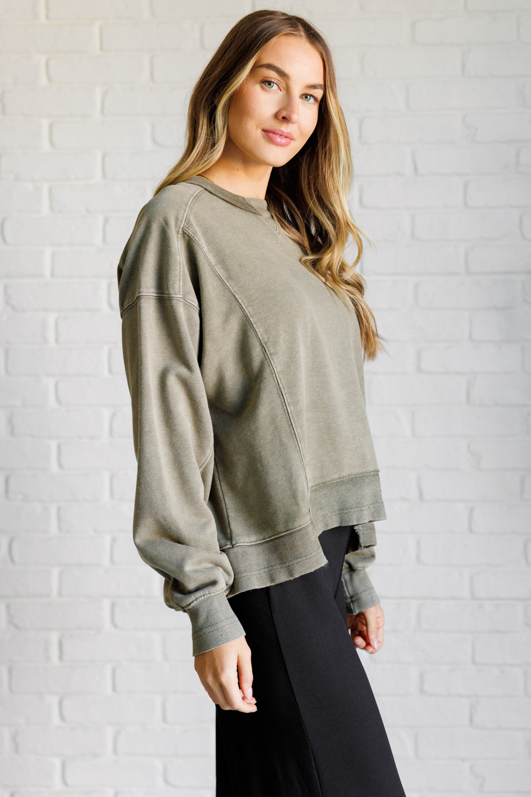 Rae Mode Quick Fix Mineral Wash Crew Neck Pullover in Army Green Ave Shops