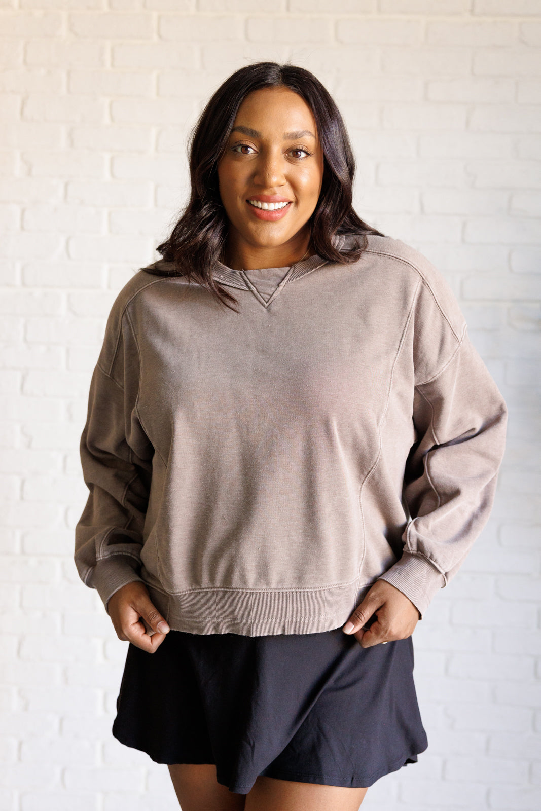 Rae Mode Quick Fix Mineral Wash Crew Neck Pullover in Mocha Ave Shops