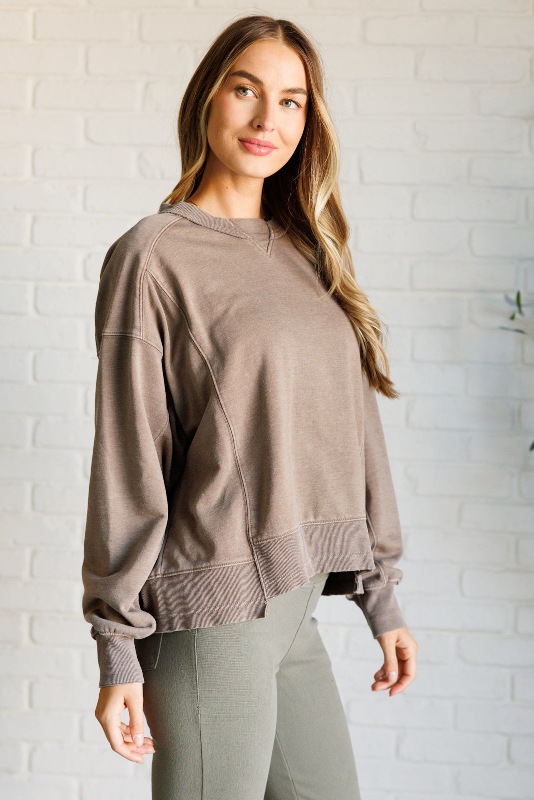 Rae Mode Quick Fix Mineral Wash Crew Neck Pullover in Mocha Ave Shops