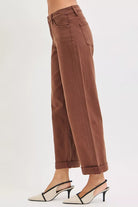 RISEN Cocoa Tummy Control Mid Rise Ankle Barrel Baggy Jeans