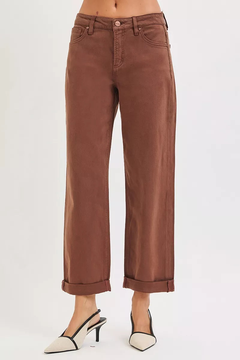RISEN Cocoa Tummy Control Mid Rise Ankle Barrel Baggy Jeans