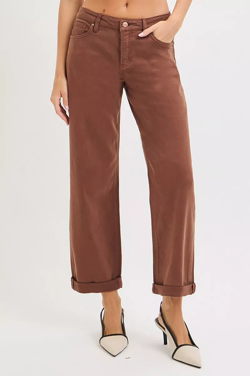 RISEN Cocoa Tummy Control Mid Rise Ankle Barrel Baggy Jeans COCOA