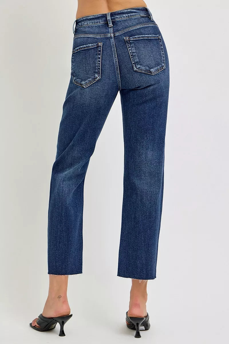 RISEN Dark Washed High Rise Slim Barrel Jeans