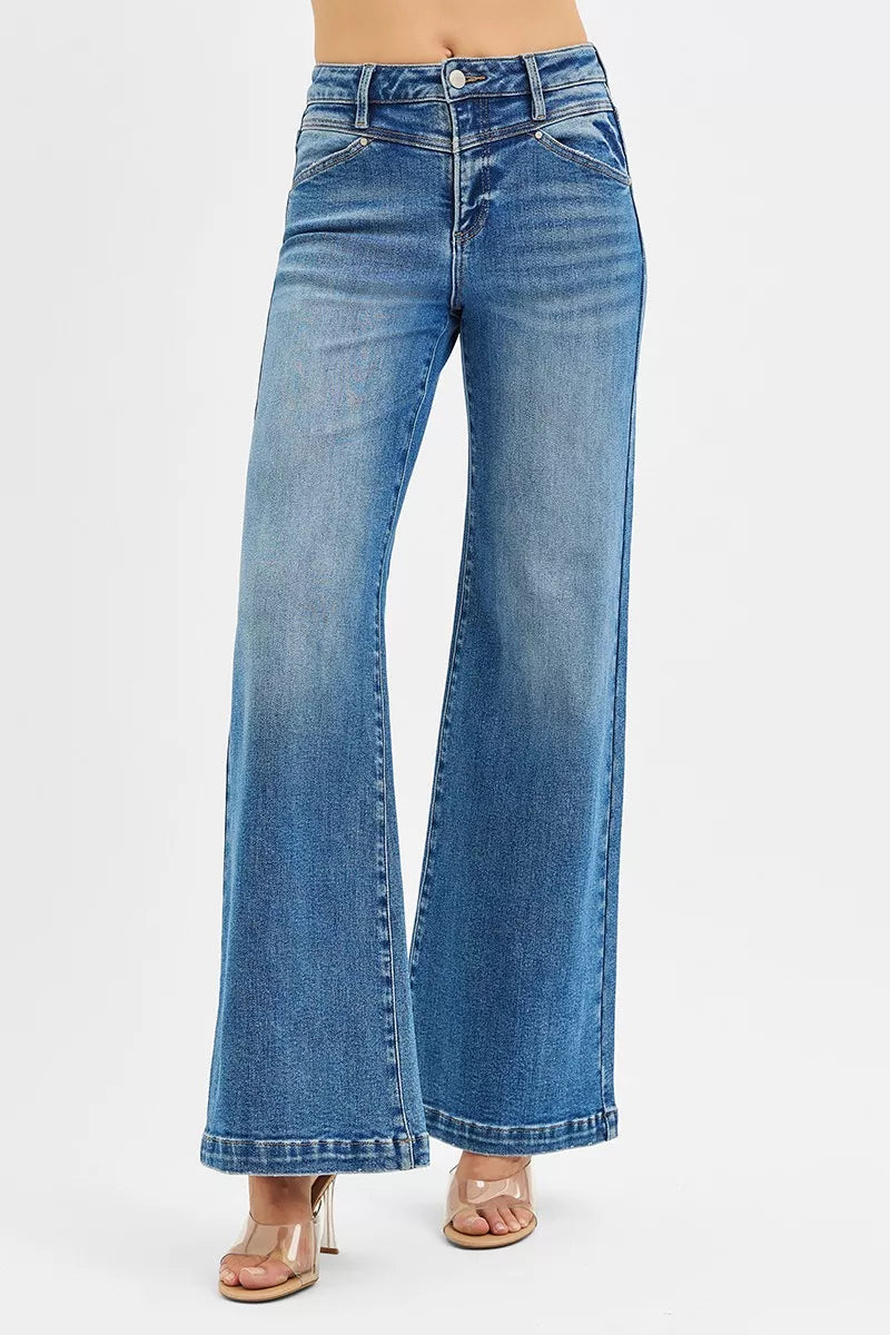 RISEN High Rise Wide Leg Jenas with Front Yoke and Heart Back Pocket MEDIUM