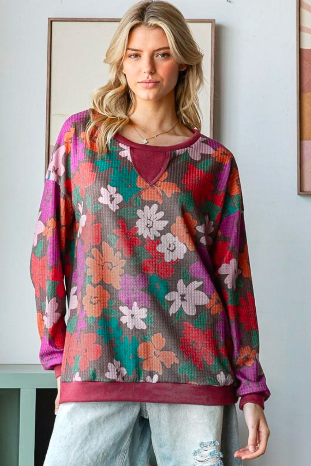 Hopley Brown/Multicolor Floral Waffle Terry Reverse Stitch Pullover Large