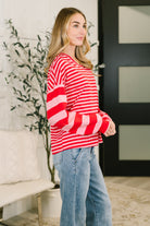 One Eleven North Pink & Red Rhythm & Rows V-Neck Drop Shoulder Pullover Womens