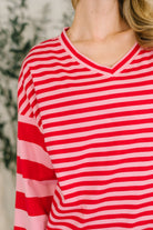 One Eleven North Pink & Red Rhythm & Rows V-Neck Drop Shoulder Pullover Womens