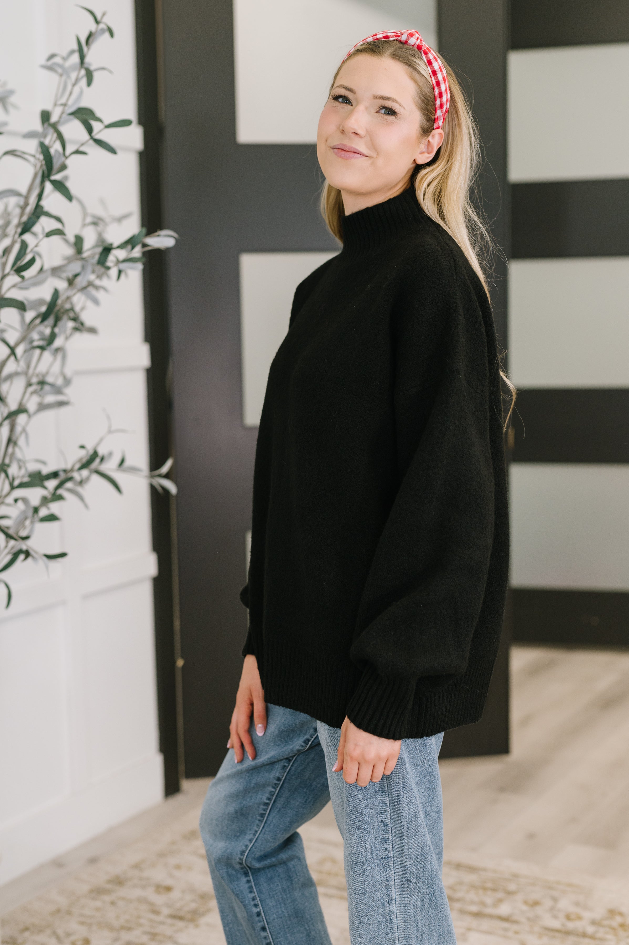 Zenana Right to the Core High Neck Pullover in Black Large Womens