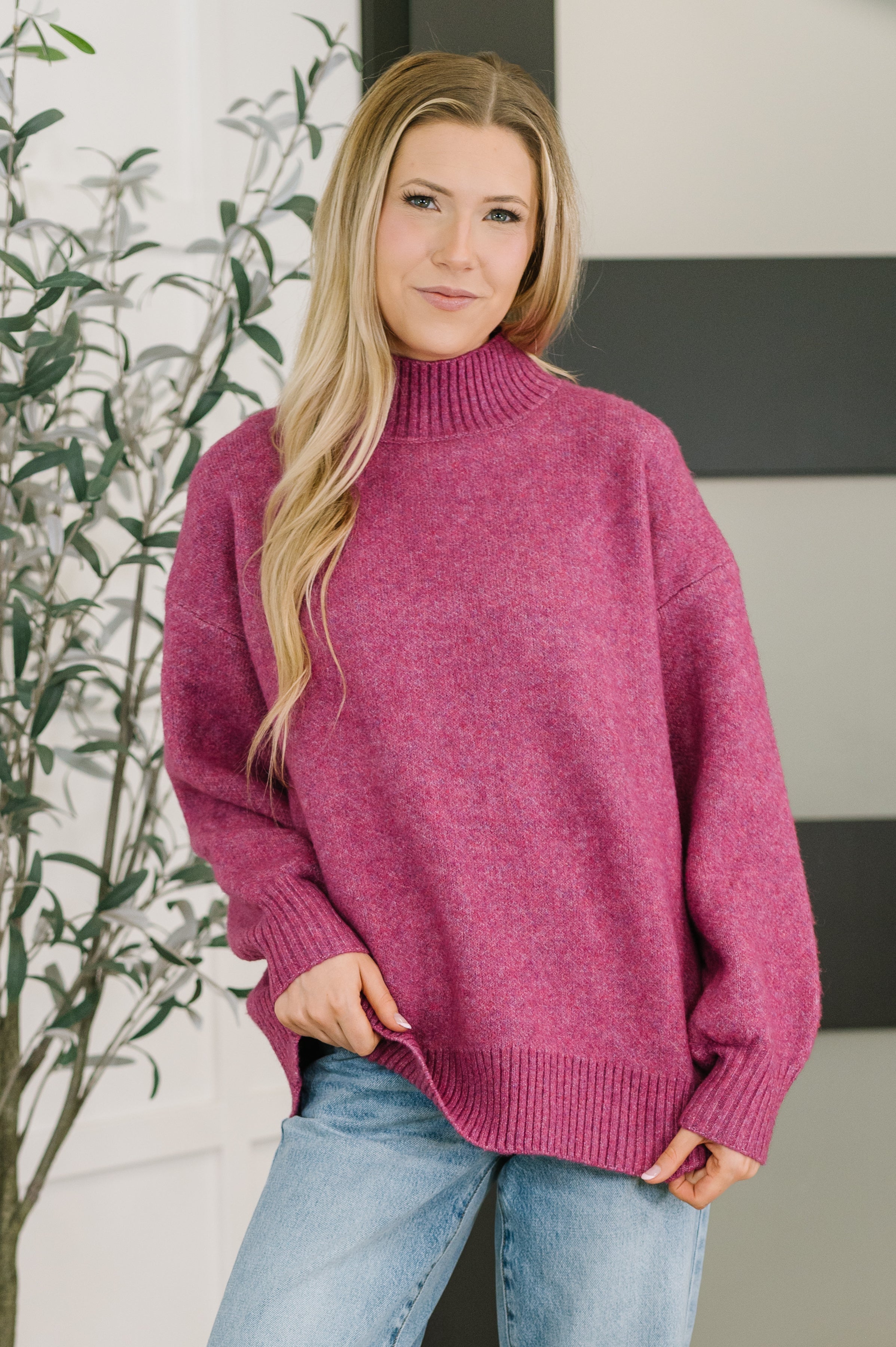 Zenana Right to the Core High Neck Pullover in Light Plum Womens