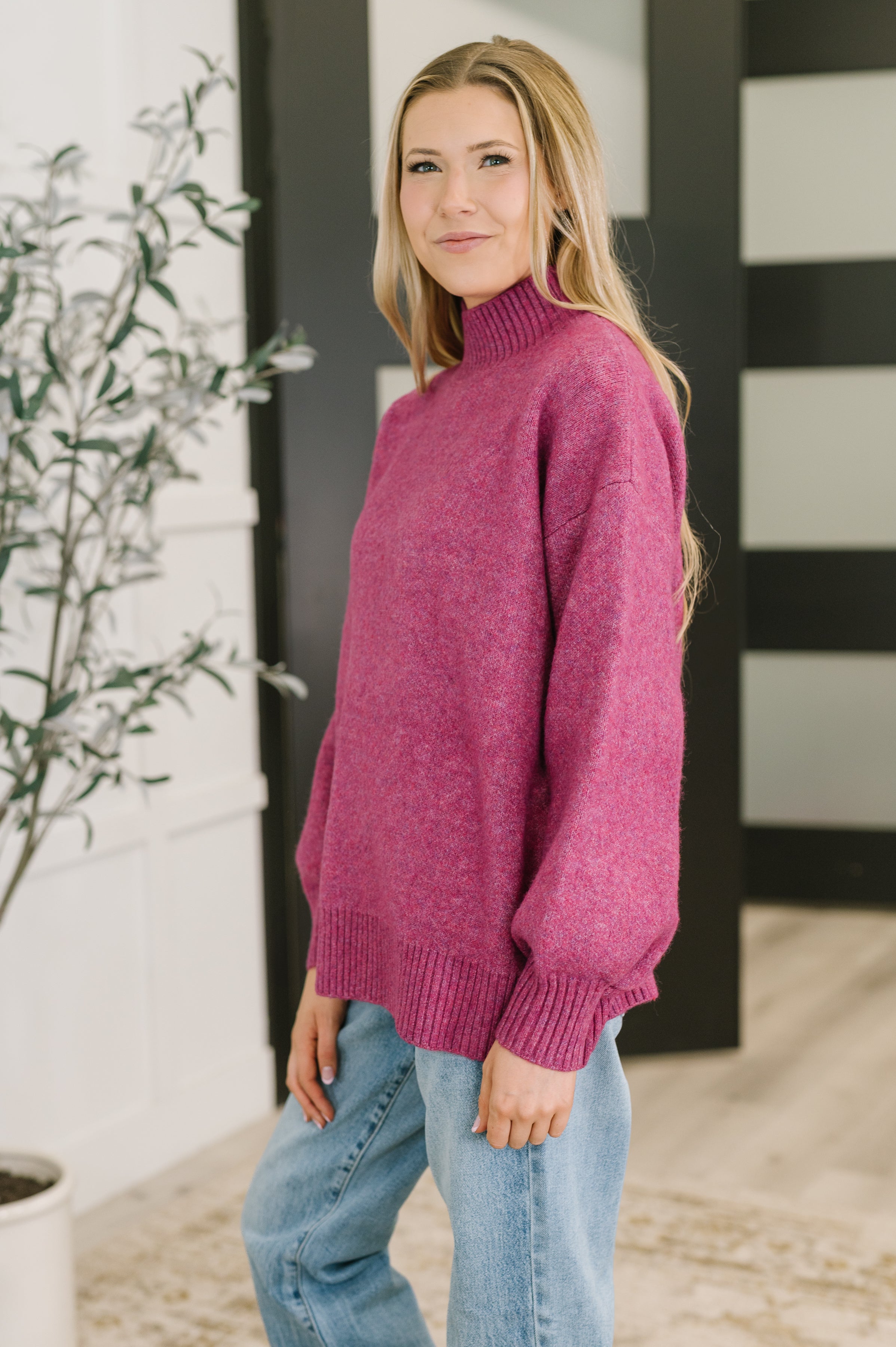 Zenana Right to the Core High Neck Pullover in Light Plum Womens