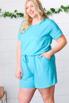 Zenana Ice Blue Brushed Knit Elastic Waist Pocketed Romper