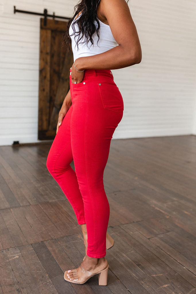 Judy Blue Ruby High Rise Control Top Garment Dyed Skinny Jeans in Red Ave Shops