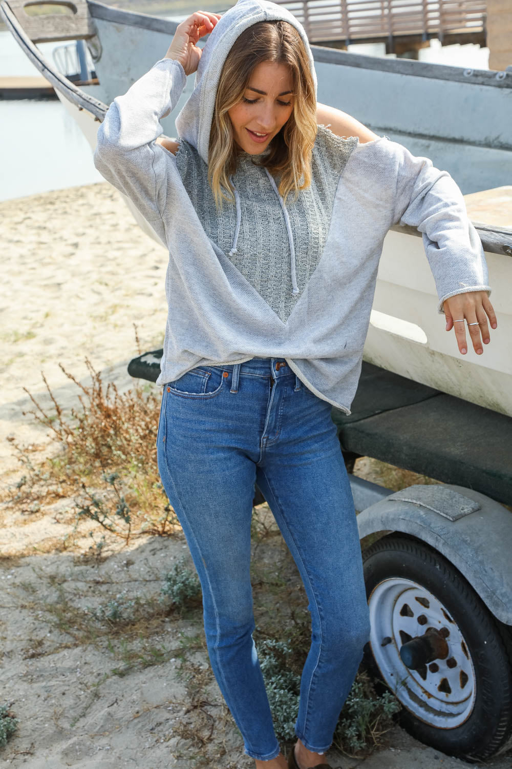 Sugarfox Adventure Ready Cold Shoulder Color Block Pullover Hoodie