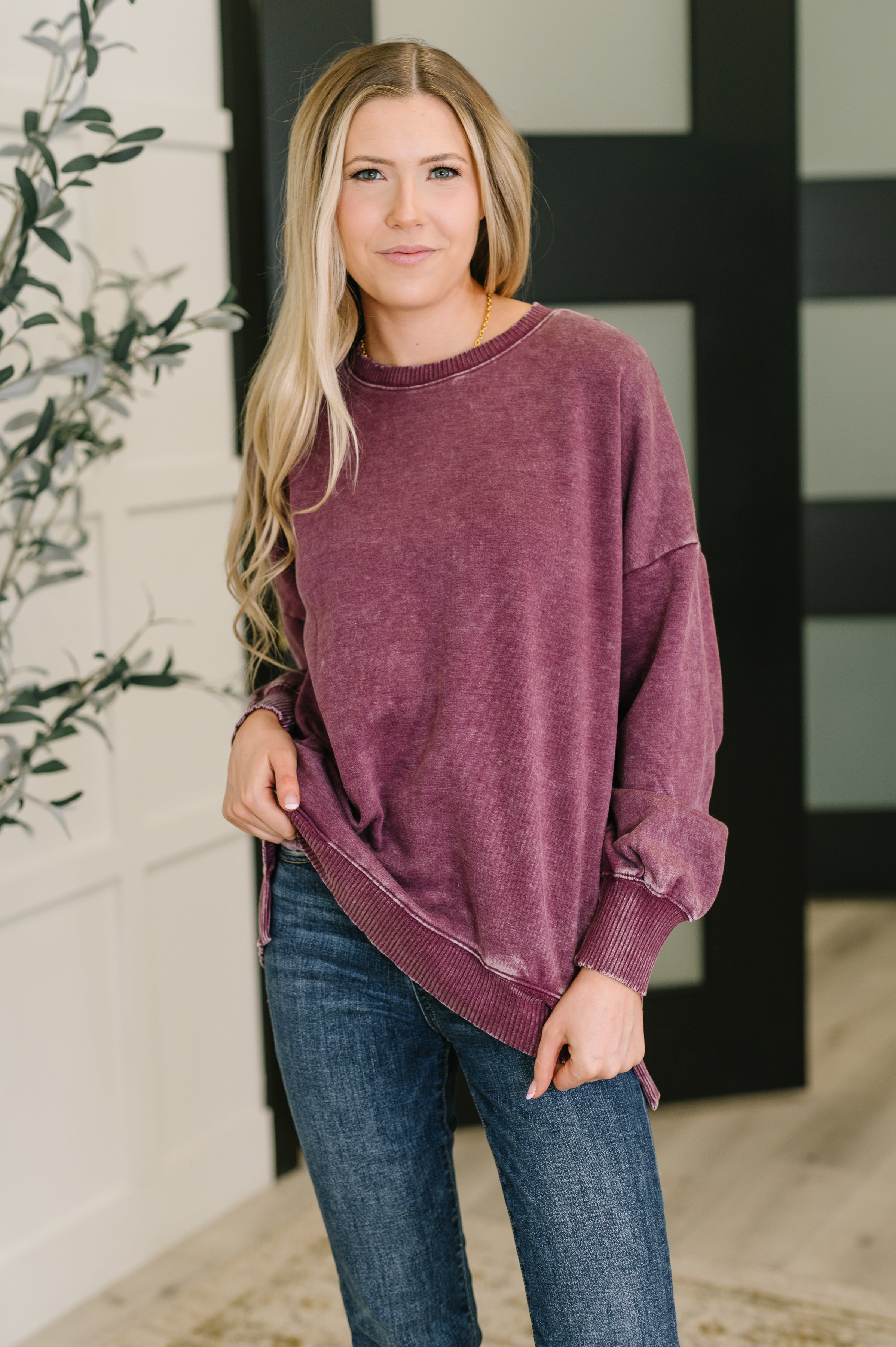 Zenana Mineral Wash Pullover in Eggplant Womens