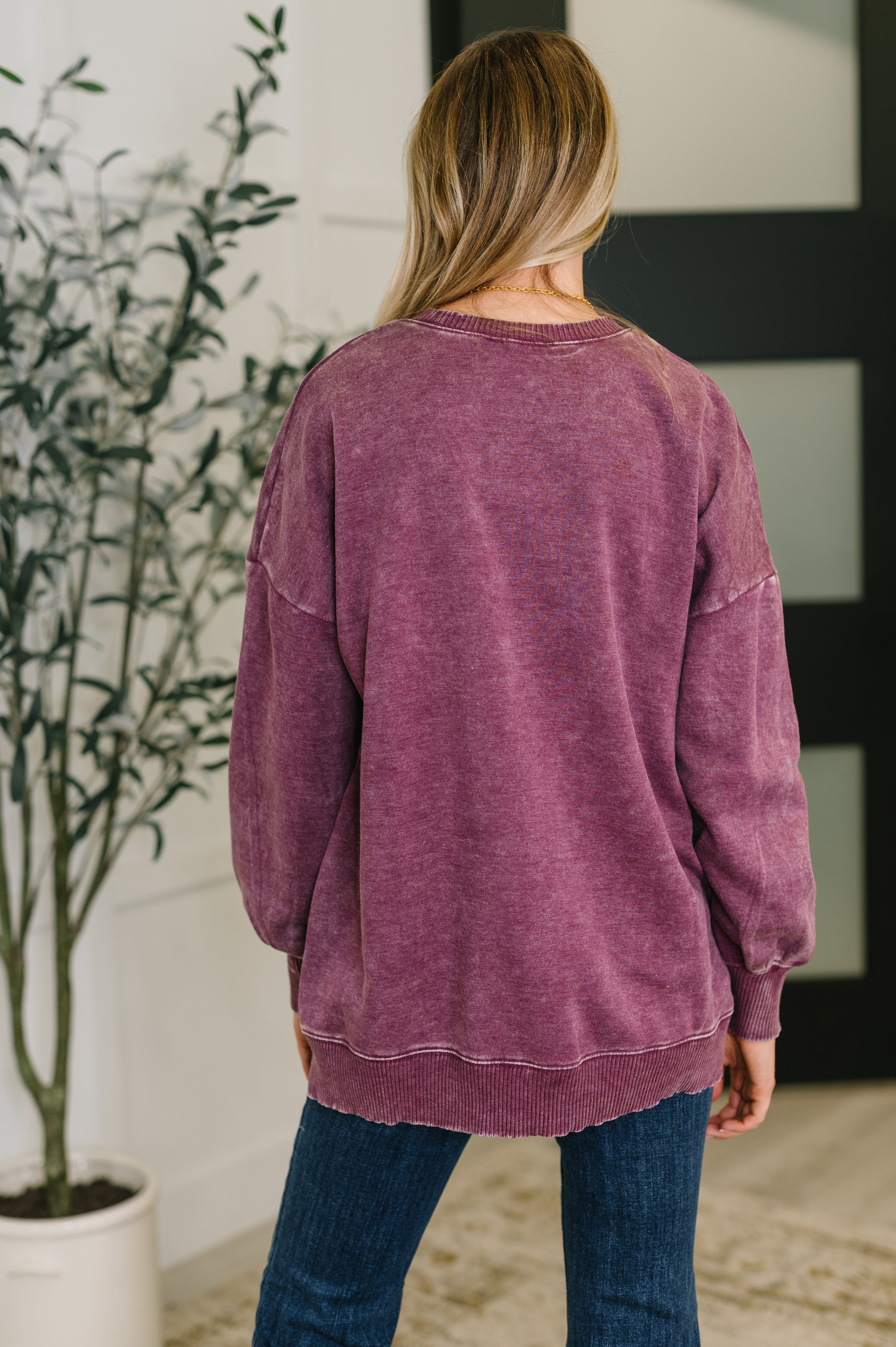 Zenana Mineral Wash Pullover in Eggplant Womens