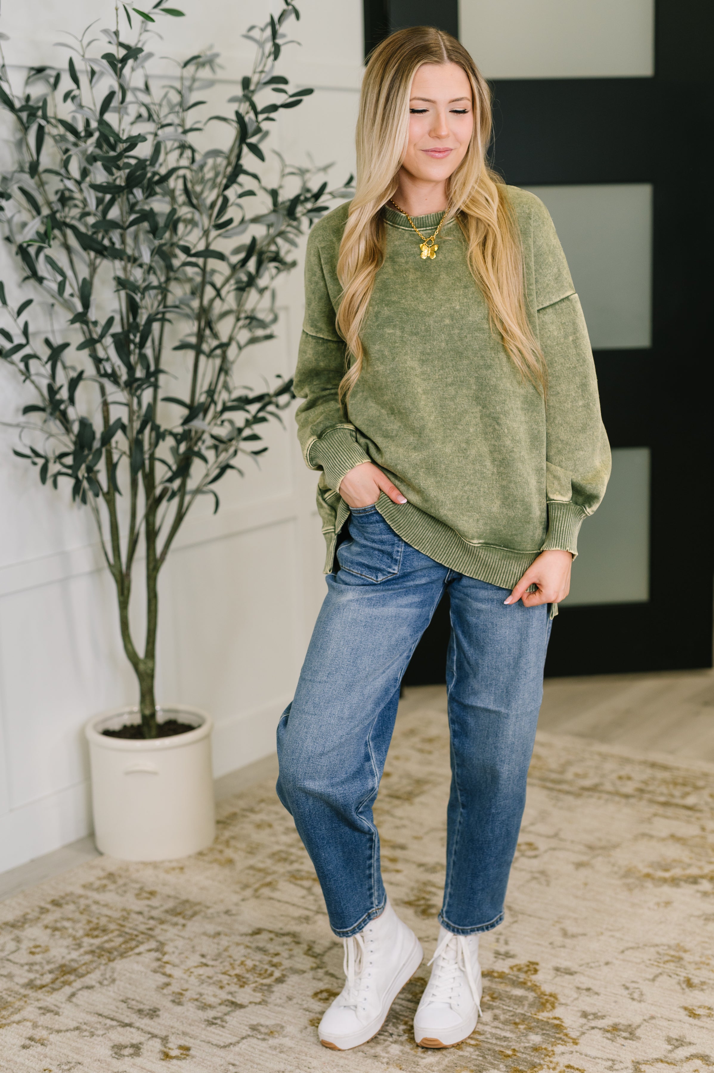 Zenana Mineral Wash Pullover in Light Olive Womens