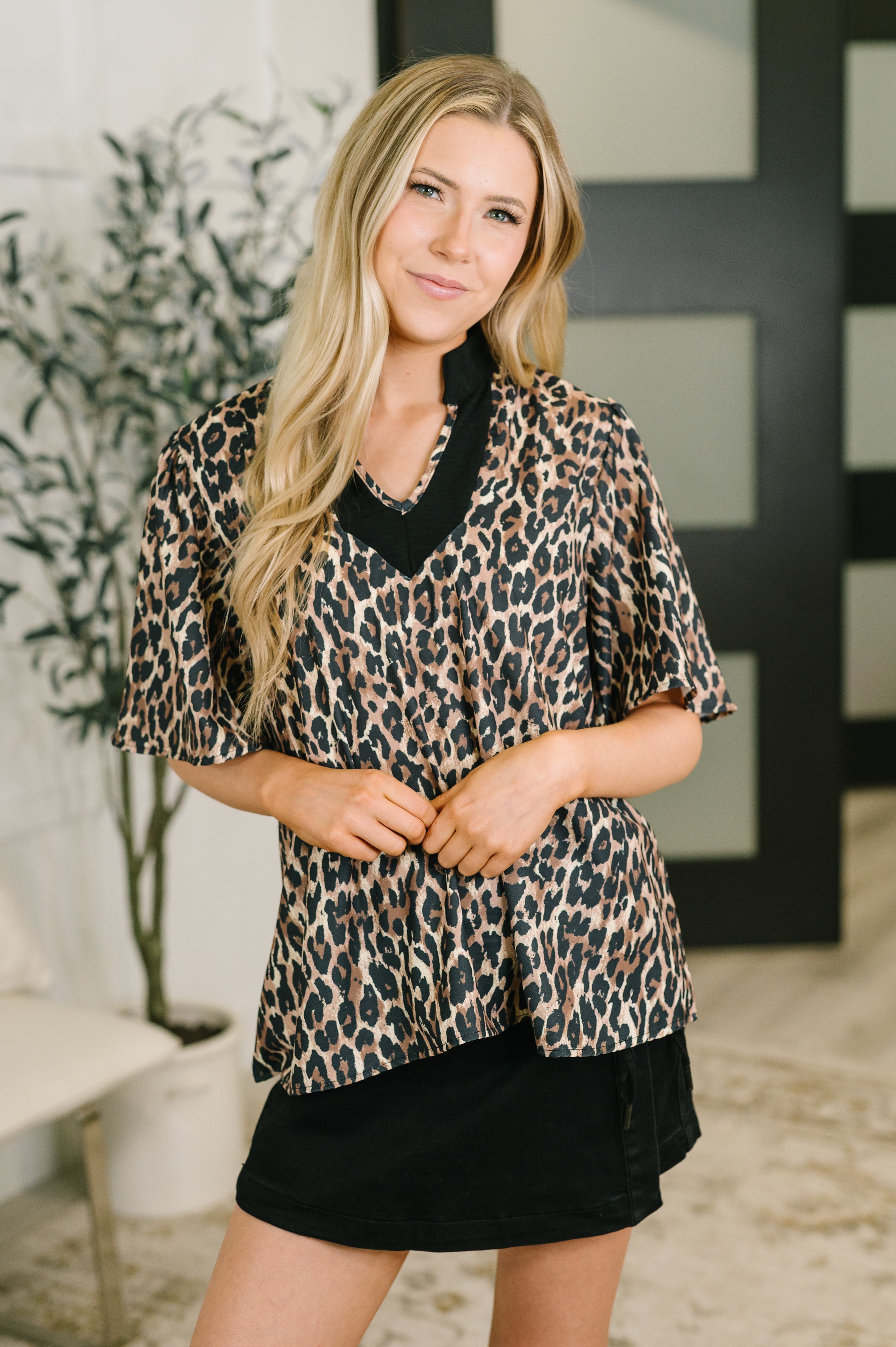 Sassy Season Split Neck Leopard Print Blouse Womens