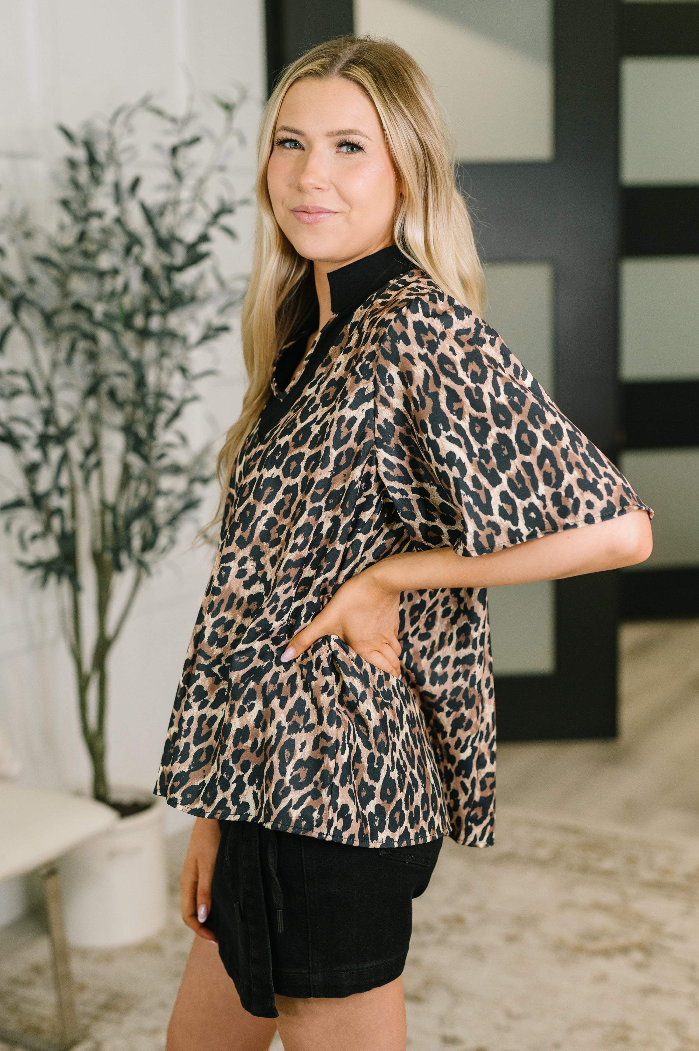 Sassy Season Split Neck Leopard Print Blouse Womens