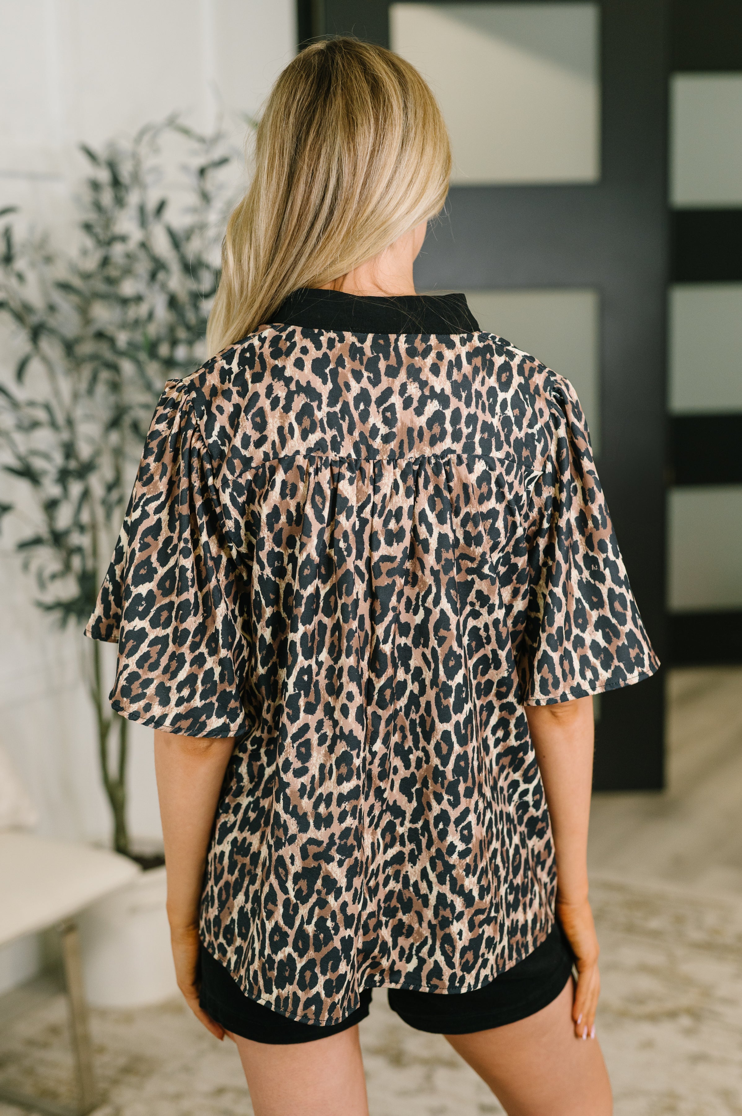 Sassy Season Split Neck Leopard Print Blouse Womens