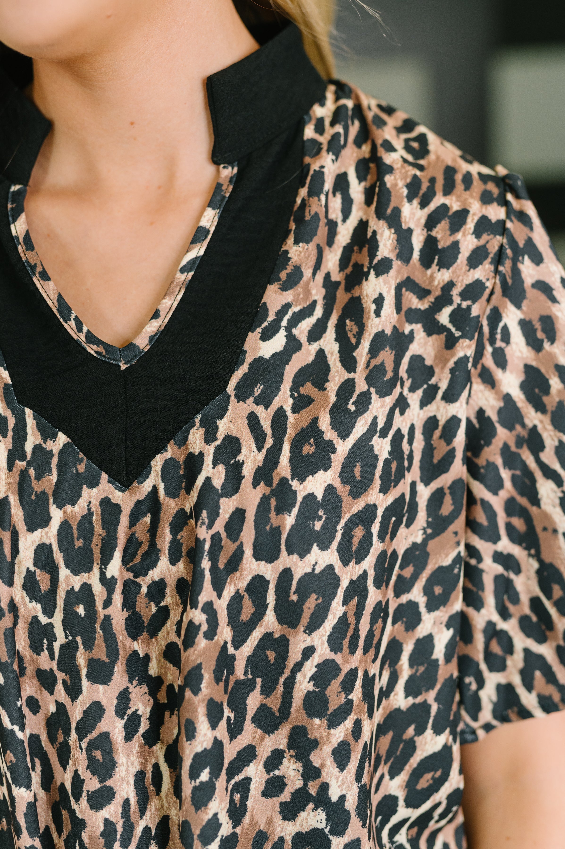 Sassy Season Split Neck Leopard Print Blouse Womens
