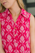Dear Scarlett Sea Spray Collared Sleeveless Top in Floral Ikat Womens