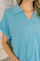 Dear Scarlett Sea You Soon Collared Top in Costal Blue Womens