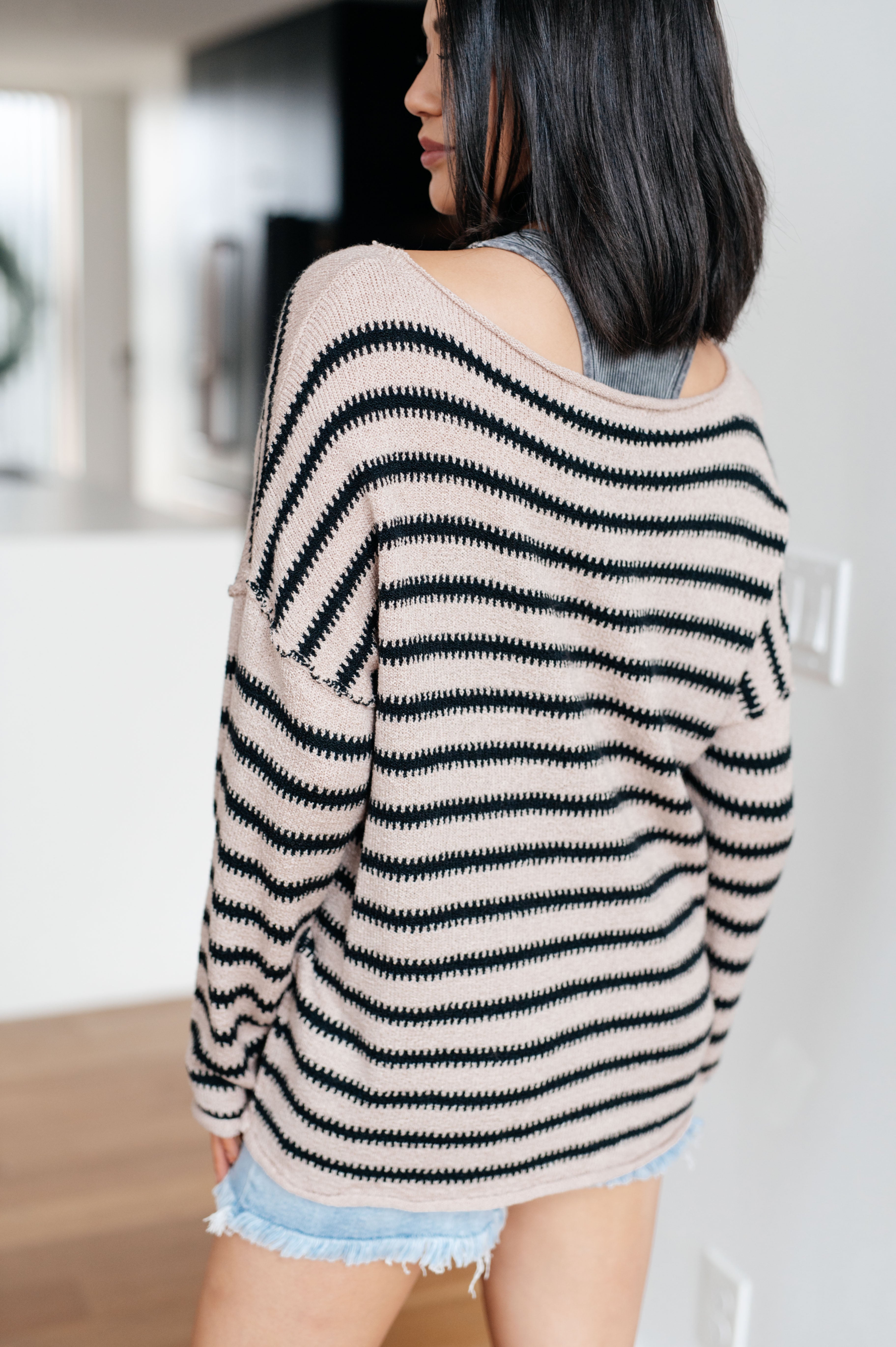 One Eleven Self Assured Striped Drop ShoulderSweater Tops