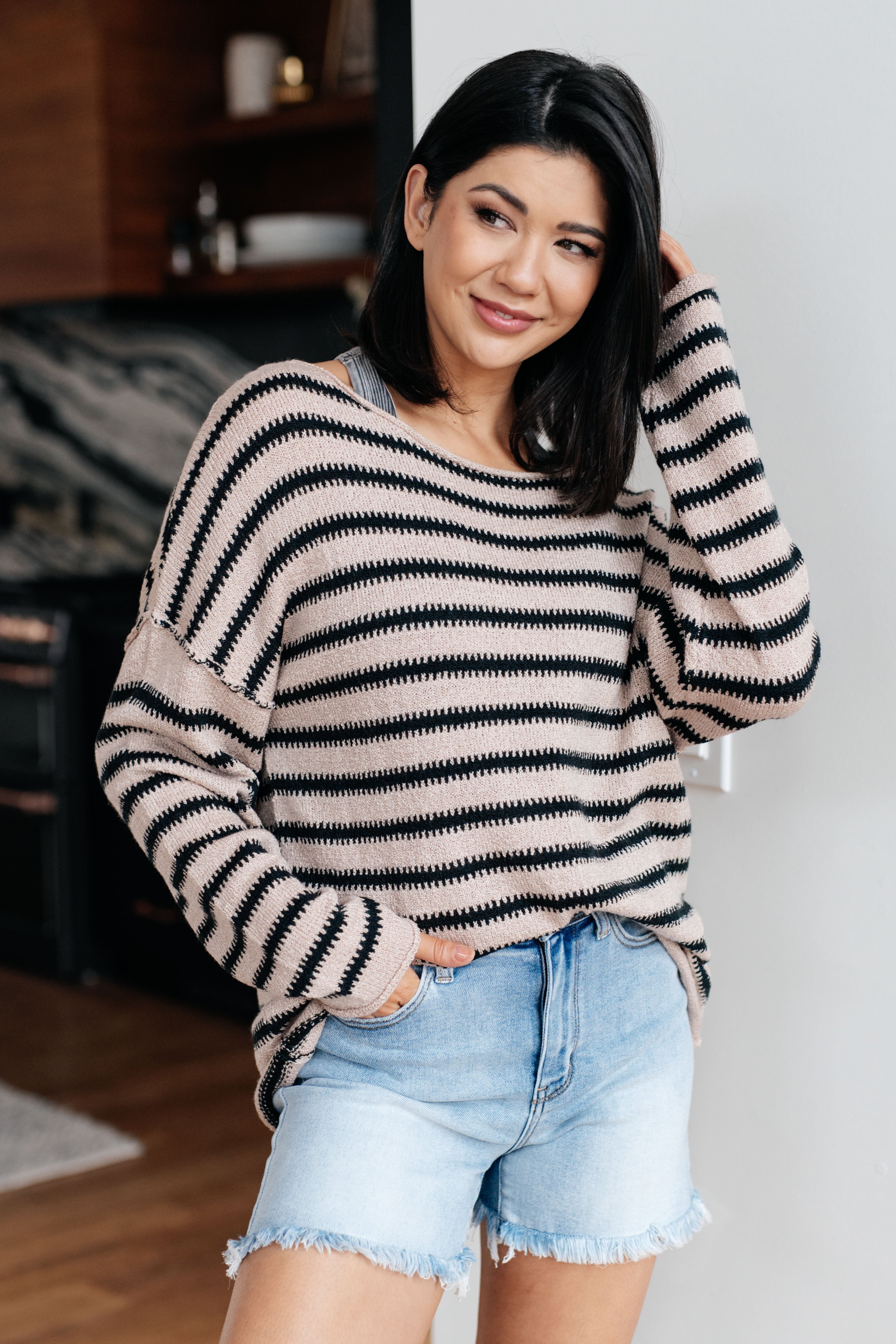 One Eleven Self Assured Striped Drop ShoulderSweater Tops