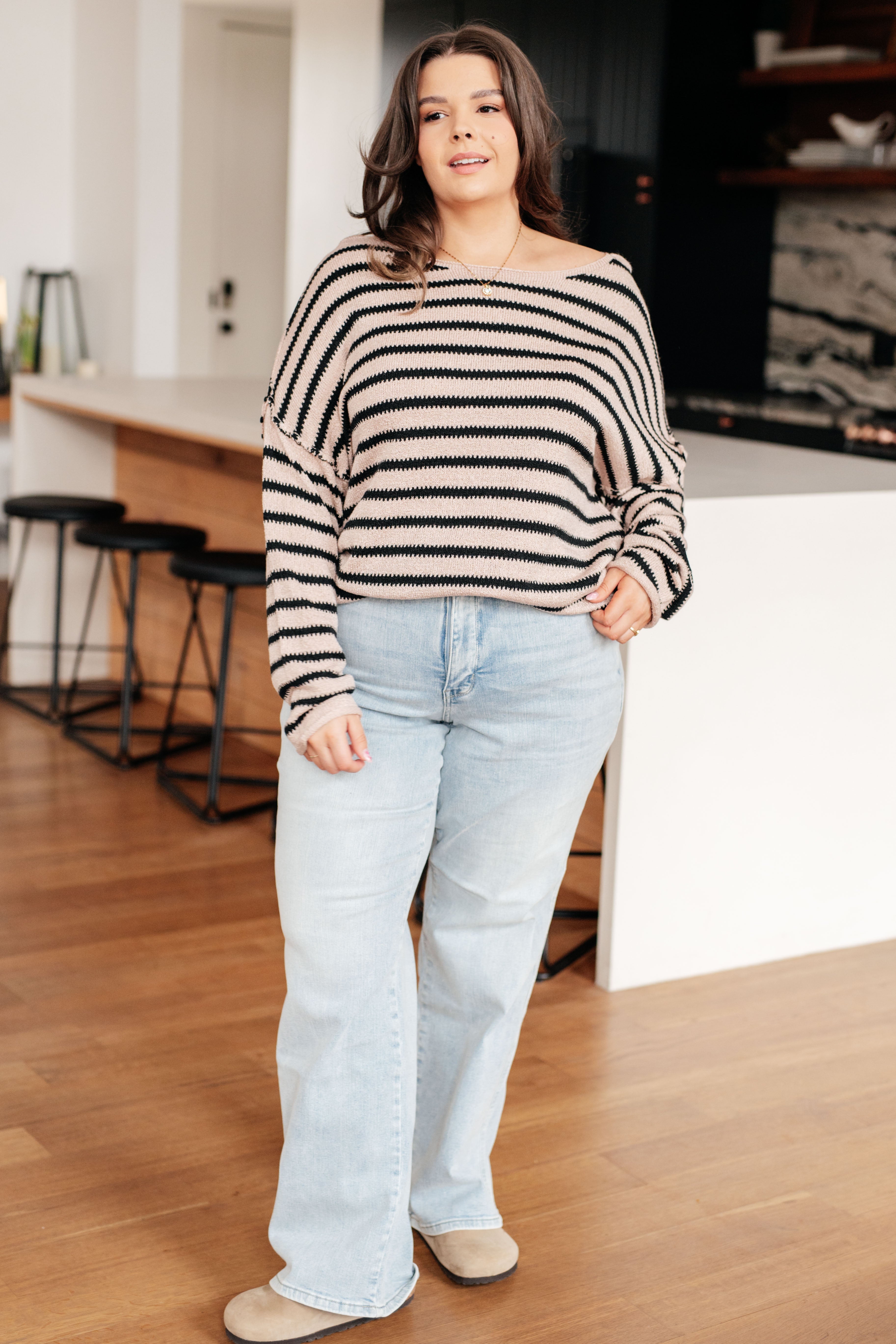One Eleven Self Assured Striped Drop ShoulderSweater Tops