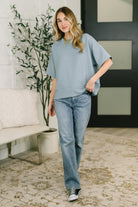 Zenana Sense of Clarity Boxy Ribbed Knit Top in Blue Grey Womens